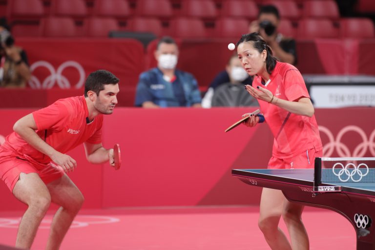 Emmanuel LEBESSON and YUAN Jia Nan in the semi final of the Olympic Mixed doubles Event